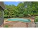 Backyard with pool, brick patio, lush trees and landscaping offering a great outdoor entertaining area at 9624 Barnburgh Ln, Huntersville, NC 28078
