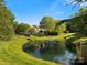 Scenic view of a community pond with a fountain, surrounded by lush greenery and mature trees at 1219 Crown Vista Dr, Fort Mill, SC 29707