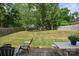 The backyard patio boasts outdoor seating and a view of the fenced-in lawn with mature trees at 2637 Springway Dr, Charlotte, NC 28205