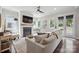 Cozy living room with a fireplace, large windows, and a comfortable sectional sofa at 2637 Springway Dr, Charlotte, NC 28205
