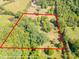 Bird's eye view displays property lines and dense green tree coverage on potential building lots at 290 Glenmere Ln, Mooresville, NC 28115