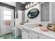 Stylish bathroom featuring white vanity, modern sink, and white and gray color palette at 3418 Sulphur Springs Ne Rd, Hickory, NC 28601