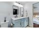 Stylish bathroom featuring double sinks with matte black fixtures and modern lighting at 4038 Zilker Park Dr, Charlotte, NC 28217