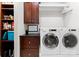 Well-organized laundry room featuring modern washer/dryer, dark wood cabinets, and ample shelving for storage at 435 S Tryon St # 601, Charlotte, NC 28202