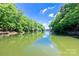 Beautiful view of the lake surrounded by lush trees, showcasing the waterfront property at 46827 Tall Whit Rd, New London, NC 28127