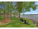 Sprawling backyard leads to a calm lake with four chairs available for relaxing and enjoying the view at 112 Nautilus Ct, Troutman, NC 28166
