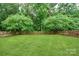 Backyard featuring a green lawn and wooden fence with mature trees surrounding the perimeter at 13032 Windy Lea Ln, Huntersville, NC 28078