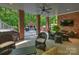 Inviting covered patio with brick fireplace, ceiling fan, and outdoor furniture for relaxing and entertaining at 2129 Halford Pl, Charlotte, NC 28211
