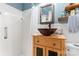 Bathroom featuring a vessel sink, stylish vanity, and white tile shower at 851 Gist Rd, Rock Hill, SC 29732