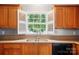 The kitchen features a stainless steel sink, granite countertops, and wood cabinets, blending functionality with style at 9711 Castle Terrace Ct, Charlotte, NC 28215