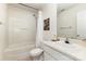 Bright, clean bathroom features shower-tub combo with tile backsplash and single sink vanity at 108 Copes Ct, Rock Hill, SC 29732