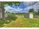 Spacious fenced backyard with a storage shed and an adjacent view of a marshy greenspace at 1117 Yarrow St, Matthews, NC 28104