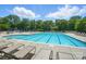 Large community pool with plenty of lounge chairs, a playground, and mature trees in the background at 14402 Asheton Creek Dr, Charlotte, NC 28273