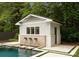 Poolside cabana with stone accents and a water feature spilling into the pool at 400 Hunter Ln, Charlotte, NC 28211