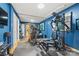 A home gym features exercise equipment, blue walls, a large mirror and black floor at 4609 Rounding Run Rd, Charlotte, NC 28277
