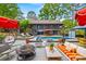 Stunning outdoor pool area with a spacious deck, cozy seating, and a fire pit, perfect for entertaining at 4609 Rounding Run Rd, Charlotte, NC 28277