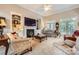 Bright living room with fireplace, built-in shelving, and large windows at 534 Ballymote Ct, Matthews, NC 28104