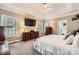 Large bedroom with a trey ceiling, carpet, TV, two windows and ensuite bathroom at 534 Ballymote Ct, Matthews, NC 28104