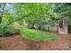 Lush backyard with a well-maintained lawn, charming landscaping, and mature trees at 920 Habersham Dr, Charlotte, NC 28209