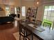 Open-concept living and dining area featuring hardwood floors, large windows, and a decorative light fixture at 9207 Branson Ct, Charlotte, NC 28210