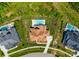 This is an aerial view of a home with a backyard pool, large yard, and many large trees surrounding it at 10201 Laurier Ln, Huntersville, NC 28078