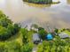 Breathtaking aerial view of lakefront home showcasing lush trees, private dock, and sparkling water at 1077 Jackson Rd, Fort Lawn, SC 29714