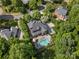 Areal view showcasing backyard Oasis with a pool, patio, mature trees and an inviting outdoor space at 13029 Whisper Creek Dr, Charlotte, NC 28277