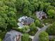 Gorgeous aerial view of an estate surrounded by mature trees, a backyard pool and lush green landscape at 13029 Whisper Creek Dr, Charlotte, NC 28277