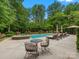 A patio features a lounge area around a pool and spa, complete with privacy landscaping at 13029 Whisper Creek Dr, Charlotte, NC 28277