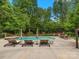This backyard oasis features a pristine in-ground pool, surrounding lounge furniture and lush, mature landscaping at 13029 Whisper Creek Dr, Charlotte, NC 28277