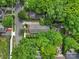 Aerial view of the home's layout and backyard features including patio, fireplace, and lush landscaping at 1713 Allen St, Charlotte, NC 28205