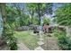 Expansive backyard with brick patio, outdoor fireplace, seating, storage shed, and play area offers a versatile outdoor space at 1713 Allen St, Charlotte, NC 28205