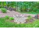 Stone firepit with Adirondack chairs surrounded by lush landscaping and retaining wall, perfect for outdoor entertaining at 2215 Maycroft Dr, Charlotte, NC 28262