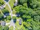 An aerial view shows a neighborhood with tree lined streets and manicured lawns, creating a picturesque community at 319 Beacon Hills Dr, Gastonia, NC 28056
