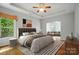 Beautiful bedroom with ceiling fan, tray ceiling, and hardwood floors at 5028 Polo Gate Blvd, Charlotte, NC 28216
