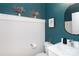 Stylish powder room featuring a modern vanity, sleek faucet, and elegant decor, complete with half wall accent at 5777 Stephanie St, Charlotte, NC 28212