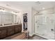 Bathroom featuring a glass-enclosed shower, spacious vanity, and convenient access to the walk-in closet at 9115 Providence S Rd, Waxhaw, NC 28173