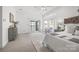 The main bedroom features carpeted floors and views of the lake at 16108 Woolwine Rd, Charlotte, NC 28278
