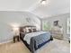 Serene main bedroom featuring plush carpeting, a tray ceiling, and ample natural light for a restful retreat at 17204 Caldwell Track Dr, Huntersville, NC 28078