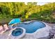 Backyard kidney bean-shaped pool, surrounding deck, blue umbrella, and wooded surround at 3424 Saint Clair Nw Ct, Concord, NC 28027
