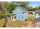 Charming two-story home featuring light blue siding, a gray roof and a cozy back patio at 518 Herms Ave, Mount Holly, NC 28120