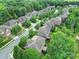 An aerial view of a residential street with brick homes, mature trees, and lush landscaping at 5633 Open Book Ln, Charlotte, NC 28270