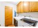 Convenient laundry room features cabinets for storage, as well as a full sized washer and dryer at 117 Ethel Ln, Statesville, NC 28625