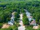 Aerial view of a residential neighborhood street lined with houses surrounded by lush green trees at 1465 Porters Ct, Concord, NC 28025