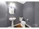 Powder room featuring a modern pedestal sink, decorative mirror, and sleek fixtures at 1465 Porters Ct, Concord, NC 28025