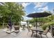 The furnished deck has a table, chairs and umbrellas overlooking the water, a relaxing outdoor space at 3005 Vernell Ln, Shelby, NC 28150