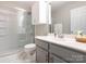 Cozy bathroom features a glass enclosed shower and a sink with gray cabinets at 3626 Cole Mill Rd, Charlotte, NC 28270