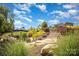Landscaped backyard featuring lush greenery, stone steps, and a serene outdoor setting at 4016 Spring Cove Way, Belmont, NC 28012