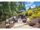 Backyard retreat featuring a fire pit, Adirondack chairs, and well-manicured landscaping at 4016 Spring Cove Way, Belmont, NC 28012