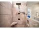 Sleek walk-in shower featuring stylish tile work, a rain shower head, and a corner seat at 4016 Spring Cove Way, Belmont, NC 28012